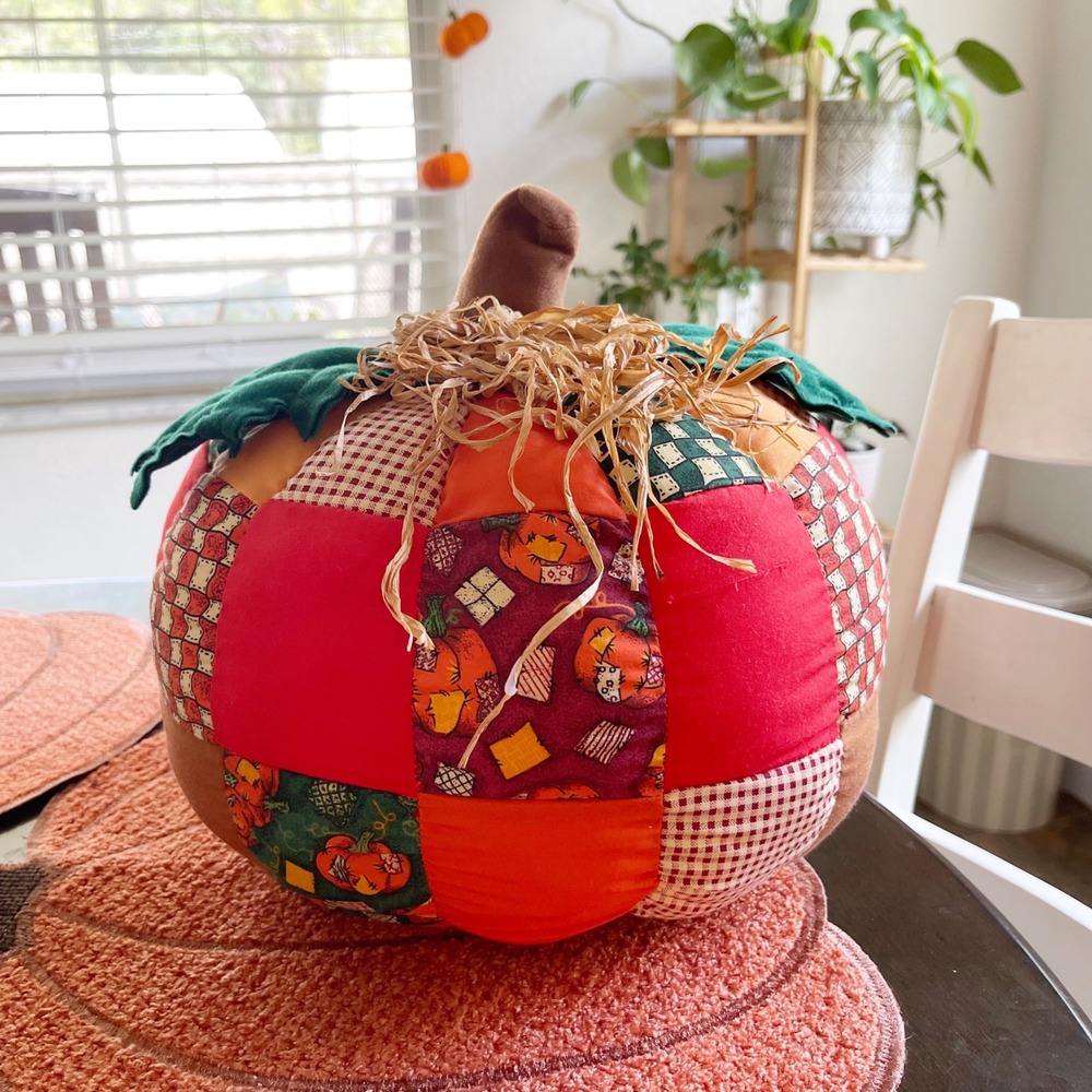 Vintage Patchwork Pumpkin Plush Fall Decor Rustic Harvest Gingham Red Orange